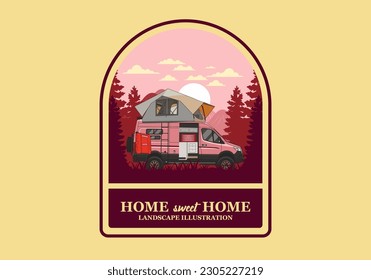 Large camper van with roof tent illustration design