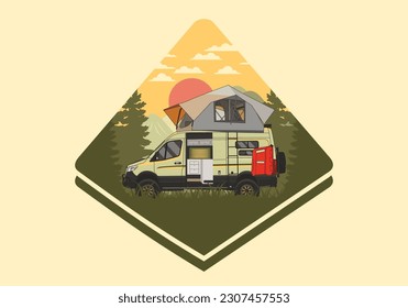 Large camper van with roof tent illustration design
