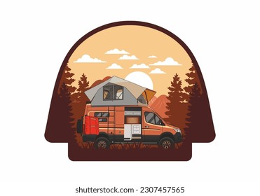 Large camper van with roof tent illustration design