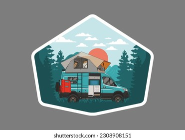 Large camper van with roof tent illustration design