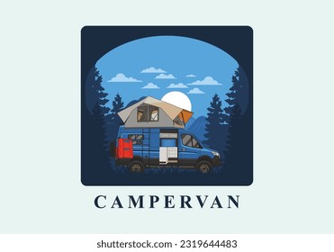 Large camper van with roof tent illustration design