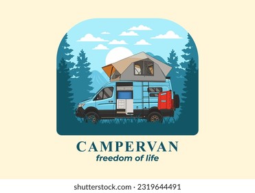 Large camper van with roof tent illustration design