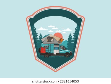 Large camper van with roof tent illustration design