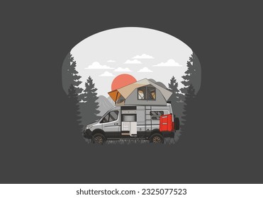 Large camper van with roof tent illustration design