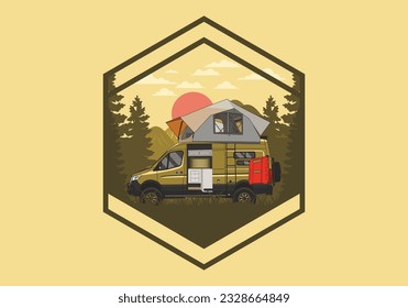 Large camper van with roof tent illustration design