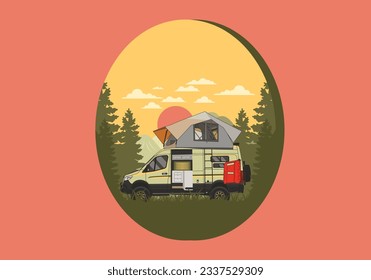 Large camper van with roof tent illustration design