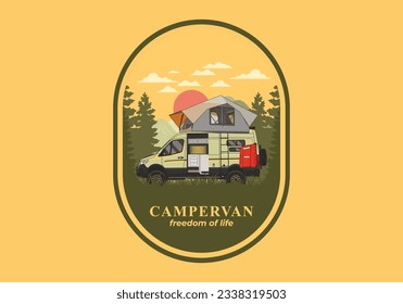 Large camper van with roof tent illustration design