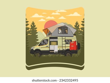 Large camper van with roof tent illustration design