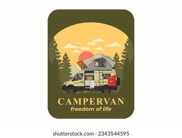 Large camper van with roof tent illustration design
