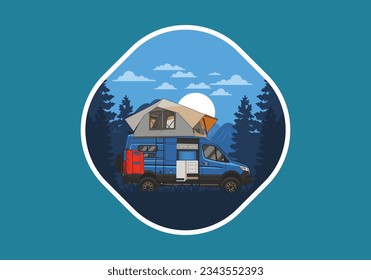 Large camper van with roof tent illustration design