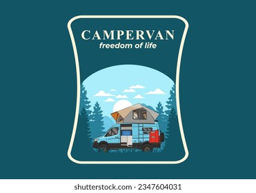 Large camper van with roof tent illustration design