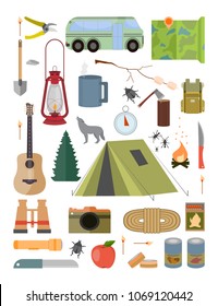 Large camping set. Vector objects for camping. 