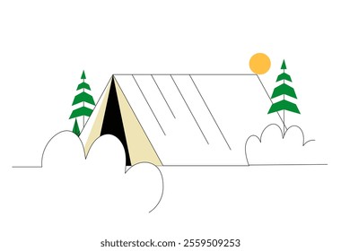 Large Camping Tent Surrounded By Pine Trees In Flat Vector Illustration Symbolizing Nature Exploration, Outdoor Living, And Travel, Isolated On White Background