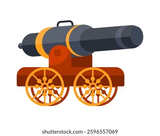 Large cannon placed on a wheeled carriage, ready to fire, isolated on white background