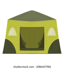 A Large Canvas Tent For Many Tourists, Travelers, Athletes. A Green Tent With Windows For Camping, Protection From Wind And Rain, Shelters For Sleeping, And Relaxing. Vector Icon, Flat, Cartoon