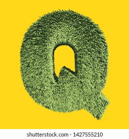 Large capital English letter "Q" of green leaves on a yellow background. Advertising sale of plants, healthy food, ecology, environmental protection. 