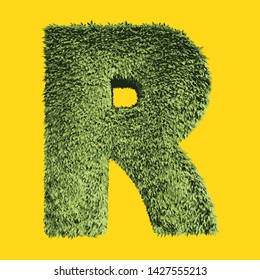 Large capital English letter "R" of green leaves on a yellow background. Advertising sale of plants, healthy food, ecology, environmental protection. 