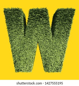 Large capital English letter "W" of green leaves on a yellow background. Advertising sale of plants, healthy food, ecology, environmental protection. 