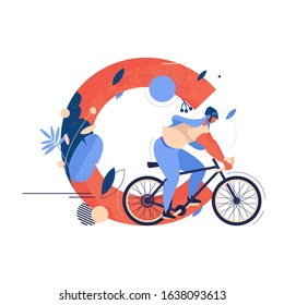 Large capital letter C decorated with leaf and lush foliage and cyclist isolated on white background. Creative lettering in bright blue and orange colors with hand drawn texture