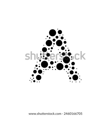 A large capital letter A symbol in the center made in pointillism style. The center symbol is filled with black circles of various sizes. Vector illustration on white background