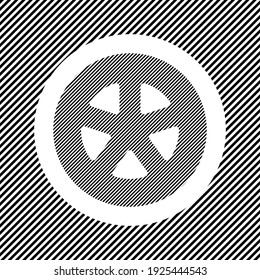 A large car wheel symbol in the center as a hatch of black lines on a white circle. Interlaced effect. Seamless pattern with striped black and white diagonal slanted lines