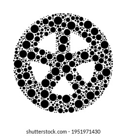 A large car wheel symbol in the center made in pointillism style. The center symbol is filled with black circles of various sizes. Vector illustration on white background