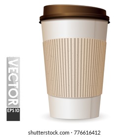A large cardboard glass with coffee with an empty space for the logo. Light cup brown lid. Copy space.