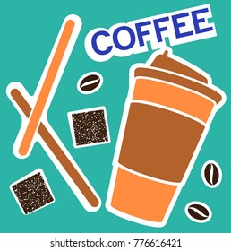 A large cardboard glass with coffee. Light cup brown lid. Turquoise background.