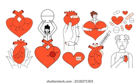 Large cardiological set. Heart, elderly man with heart attack, cardiologist, pills. Vector illustration in hand drawn style 