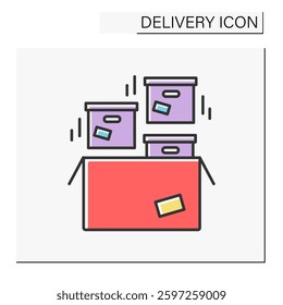 Large cargo color icon. Complete packages in a large box. Delivery service concept. Isolated vector illustration