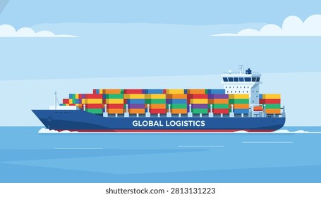 Large cargo container ship named Global Logistics sailing on the ocean under a clear sky for international trade concepts.