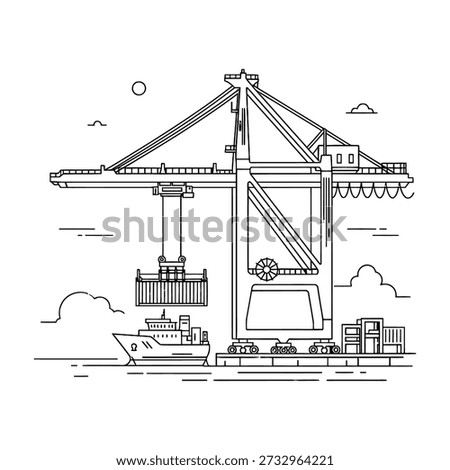 Large cargo crane lifting container onto ship in busy harbor with clouds and sun