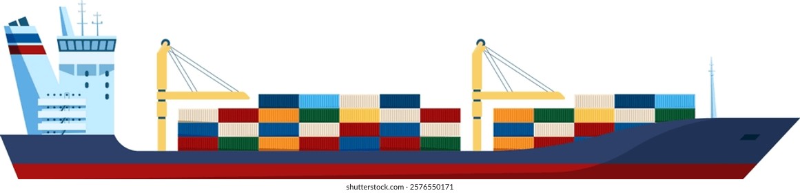 Large cargo ship carrying colorful containers is sailing on the sea, ensuring efficient and timely delivery of goods across international waters