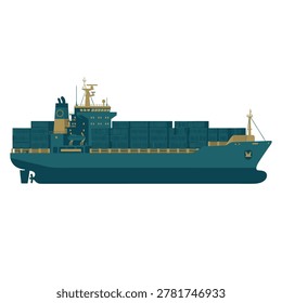 A large cargo ship carrying containers, depicted in a side view illustration