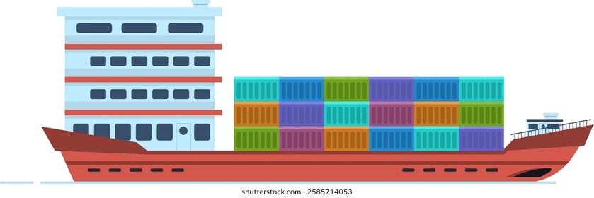 Large cargo ship carrying many colorful containers sailing on the sea, transporting goods across the ocean in a flat vector illustration style