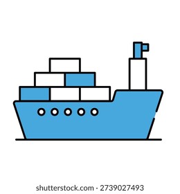 A large cargo ship carrying shipping containers illustrated in a crisp dual tone icon style. This graphic represents international trade, maritime logistics, and global supply chain operations. It is an essential visual for freight forwarding services, import-export businesses, and global distribution network presentations requiring a professional blue-themed vector look.