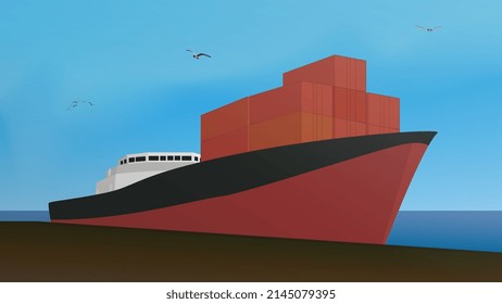 Large cargo ship with containers at the pier. Vector illustration.