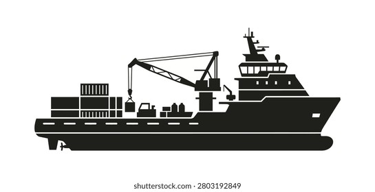 A large cargo ship with a crane on board is loading or unloading containers on a white background.   