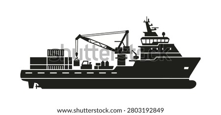 A large cargo ship with a crane on board is loading or unloading containers on a white background.   
