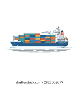 Large cargo ship loaded with colorful shipping containers sailing across the ocean.