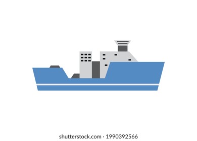 Large cargo ship or marine cruise ship, flat vector illustration isolated on white background. Cartoon symbol of watercraft for traveling and shipping topic.