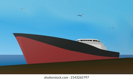 Large cargo ship at the pier with seagulls flying in the sky. Vector illustration.