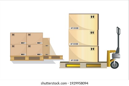 Large cargo shipment pallets. Hand pallet truck with stacked cardboard boxes wrapping plastic on pallet at warehouse dock. warehouse industry freight, logistics and transport, Pallet jack with boxes o