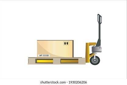 Large cargo shipment pallets. Hand pallet truck with stacked cardboard boxes wrapping plastic on pallet at warehouse dock. warehouse industry freight, logistics and transport, Pallet jack with boxes o