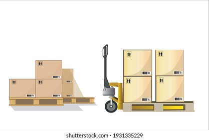 Large cargo shipment pallets. Hand pallet truck with stacked cardboard boxes wrapping plastic on pallet at warehouse dock. warehouse industry freight, logistics and transport, Pallet jack with boxes o