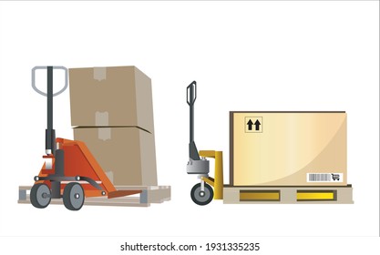 Large cargo shipment pallets. Hand pallet truck with stacked cardboard boxes wrapping plastic on pallet at warehouse dock. warehouse industry freight, logistics and transport, Pallet jack with boxes o
