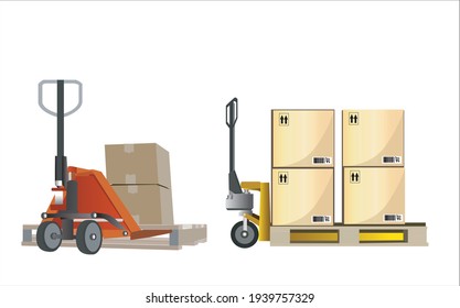 Grandes paletas de carga. Camión de paleta manual con cajas de cartón apiladas que envuelven plástico en el pallet en el muelle del almacén. carga, logística y transporte de la industria de los almacenes, Pallet jack con cajas o
