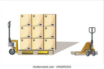 Large cargo shipment pallets. Hand pallet truck with stacked cardboard boxes wrapping plastic on pallet at warehouse dock. warehouse industry freight, logistics and transport, Pallet jack with boxes o