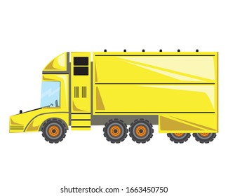 A large cargo truck with a trailer or wagon for transporting goods is isolated on a white background for design or printing. Flat vector stock illustration with yellow logistic heavy machine for kids