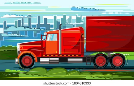 Gran camión de carga. Ilustración vectorial. Conduciendo por la carretera que pasa por la ciudad. Estilo plano. Transporte de cargas pesadas por carretera. Transporte logístico terrestre.